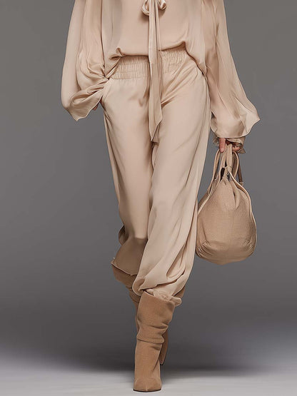 Elegant Flowing Versatile Tie-front V-neck Flared Sleeves Beige Chiffon Blouse And Pants Set