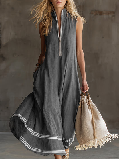 Elegant And Casual Striped Trim Gray Cotton And Linen Sleeveless Maxi Dress