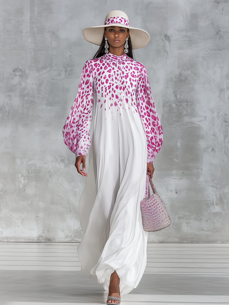 Vintage Charming Leopard Print Stand-collar Loose Chiffon Maxi Dress