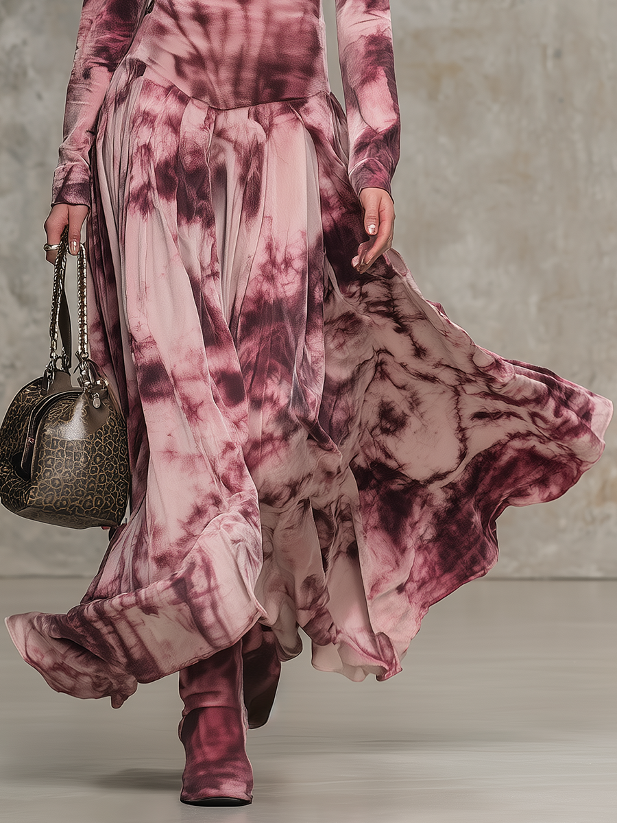 Retro Tie-dye Print High-neck Faux Suede Maxi Dress
