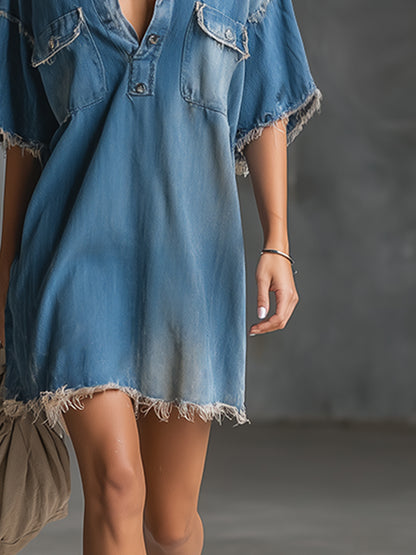 Stylish And Casual Frayed-edge Blue Denim Short-sleeved Mini Dress