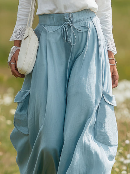 Loose-fitting Elasticated Drawstring Double-pocket Cotton-linen Wide-leg Pants