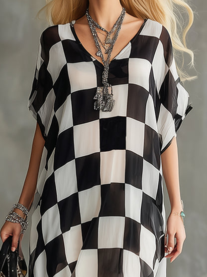 Stylish And Modern Checkered Floral Print Chiffon Short-sleeved Maxi Dress
