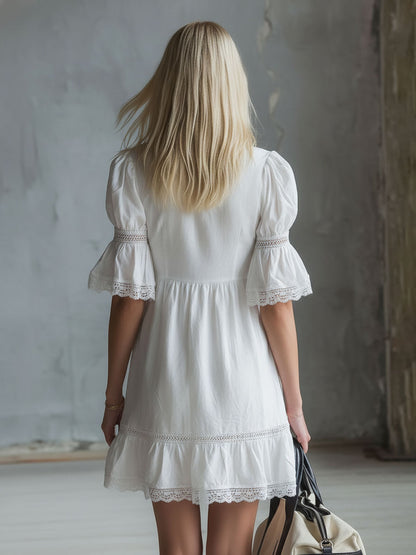 V-neck Lace-trimmed Short-sleeved Cotton Mini Dress