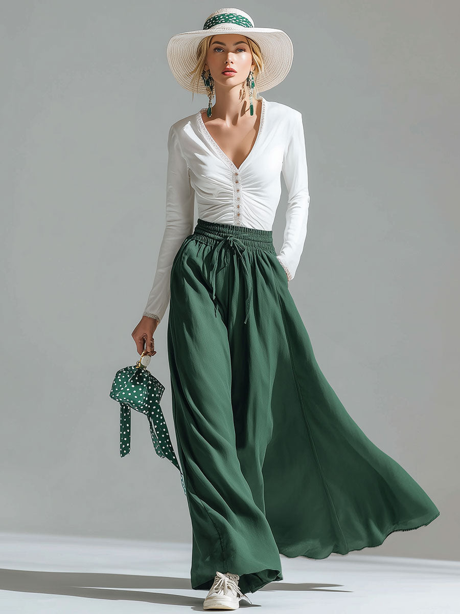 Stylish And Casual White Cotton Top And Green Chiffon Trousers Set