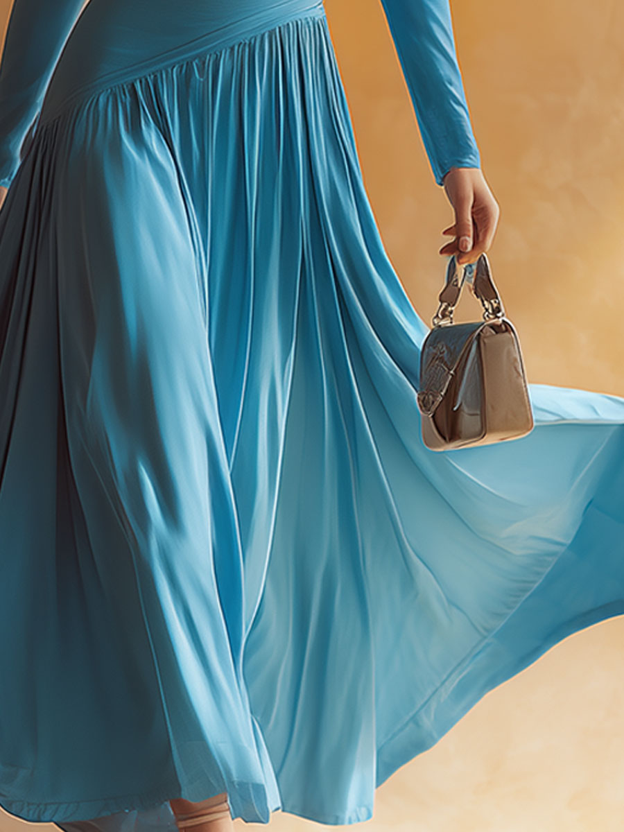 Retro Casual Blue Cotton Patchwork Chiffon Maxi Dress