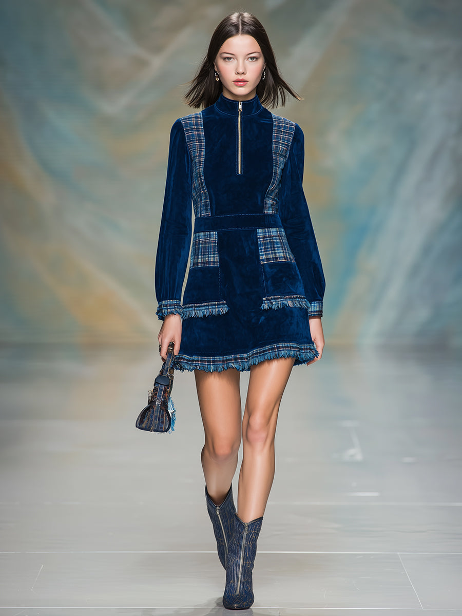 Fashionable Blue Faux Suede Patchwork Plaid Zip-up Round Neck Mini Dress