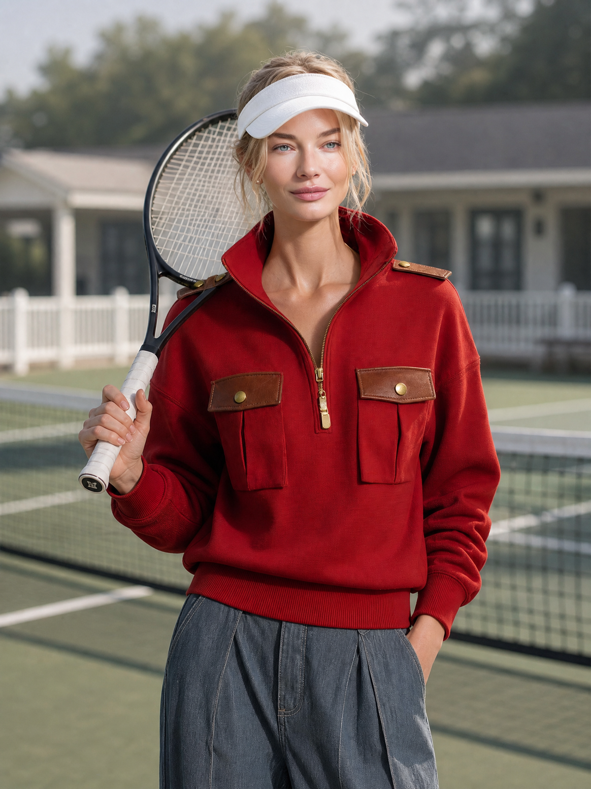 Retro-casual Military-style Pullover Sweatshirt With Stand Collar And PU Leather Paneling