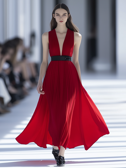 Red V-neck Sleeveless Maxi Dress