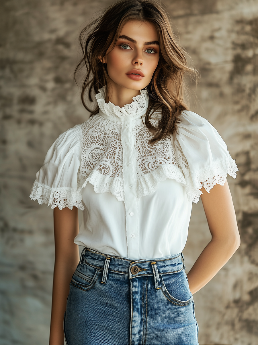 French Elegant Lace Patchwork Short Sleeve Shirt