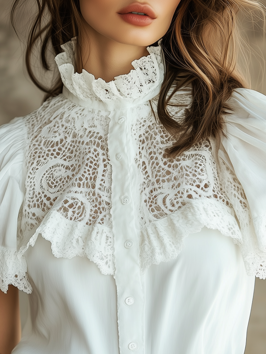 French Elegant Lace Patchwork Short Sleeve Shirt