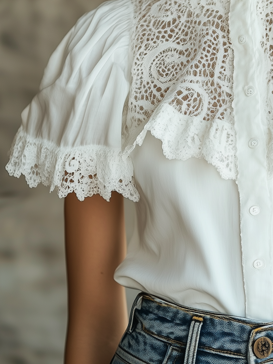 French Elegant Lace Patchwork Short Sleeve Shirt