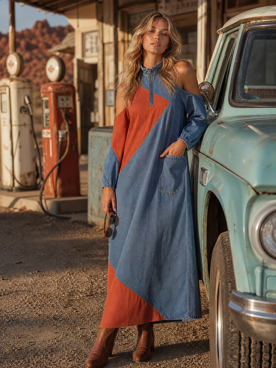 Western-style Stand-collar Zip Off-shoulder Contrast-color Diagonal-paneled Denim Dress
