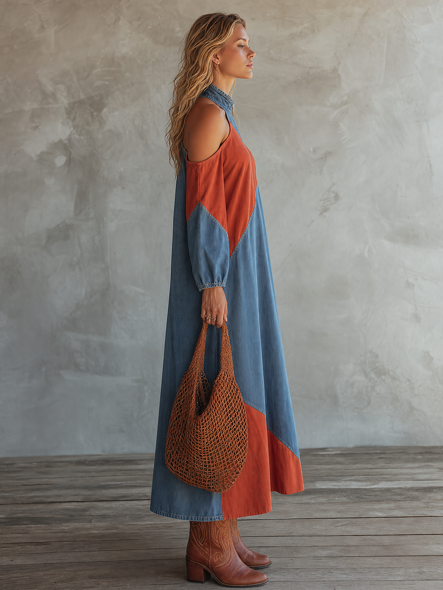 Western-style Stand-collar Zip Off-shoulder Contrast-color Diagonal-paneled Denim Dress