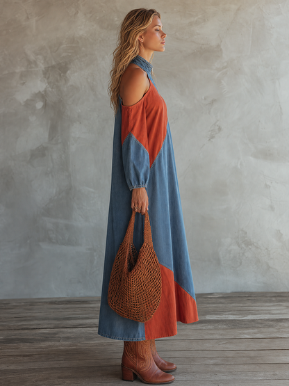 Western-style Stand-collar Zip Off-shoulder Contrast-color Diagonal-paneled Denim Dress