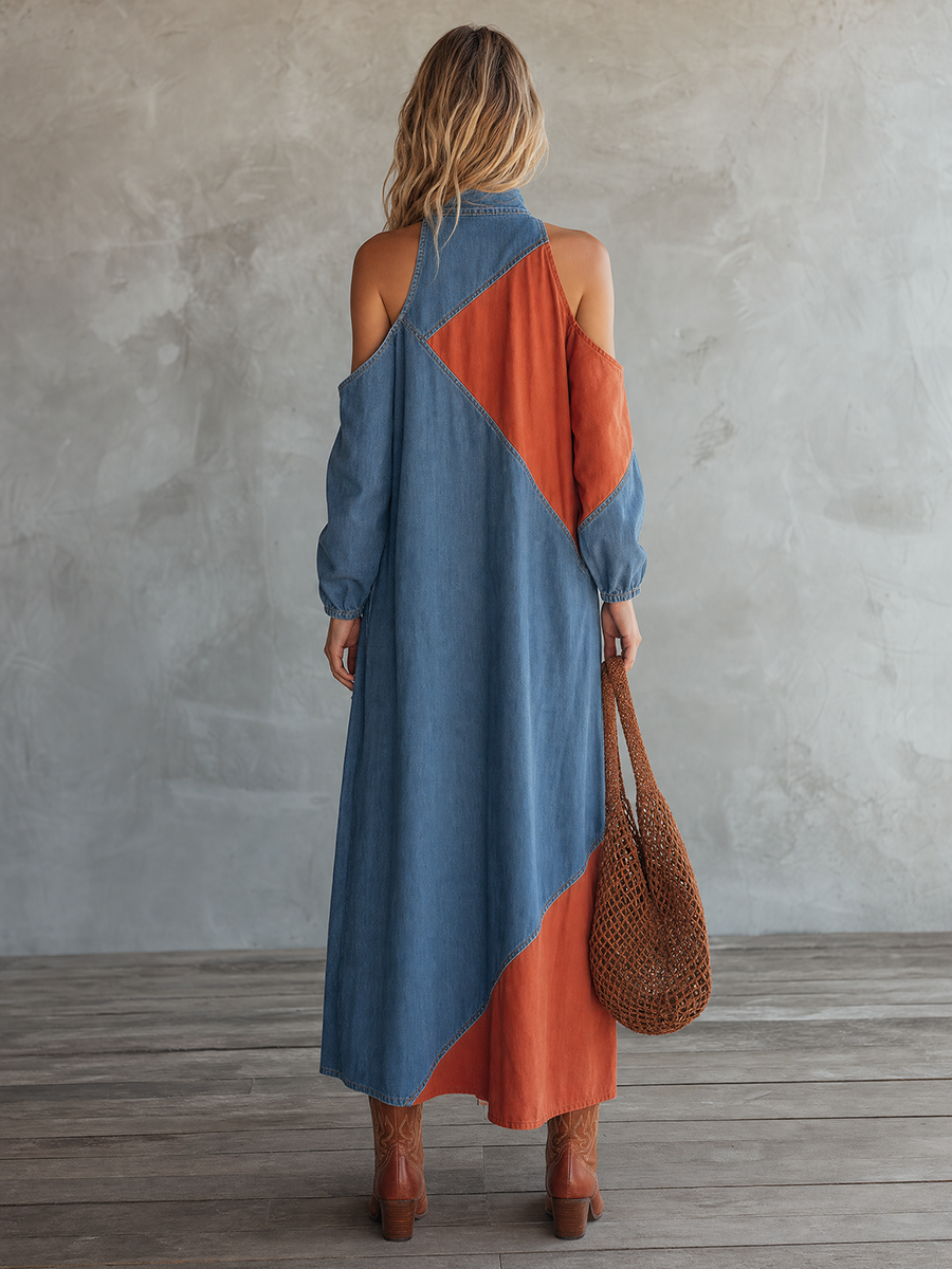 Western-style Stand-collar Zip Off-shoulder Contrast-color Diagonal-paneled Denim Dress