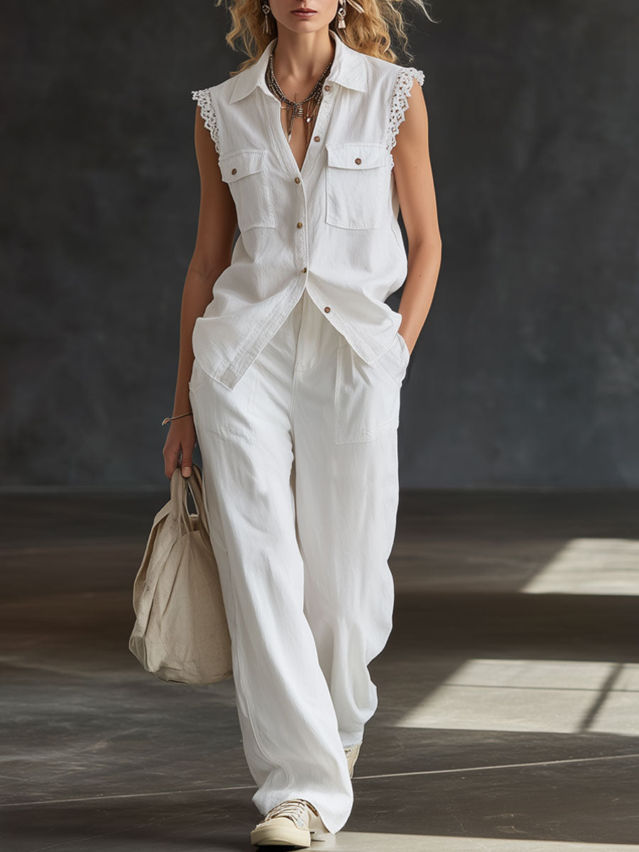 Casual Retro White Cotton Linen Sleeveless Lace Shirt And Wide-leg Pants Set