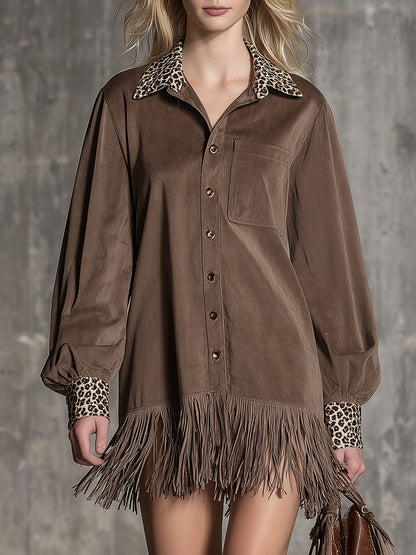 Western-style Faux Suede Brown And Leopard Print Patchwork With Tassels Mini Shirt Dress