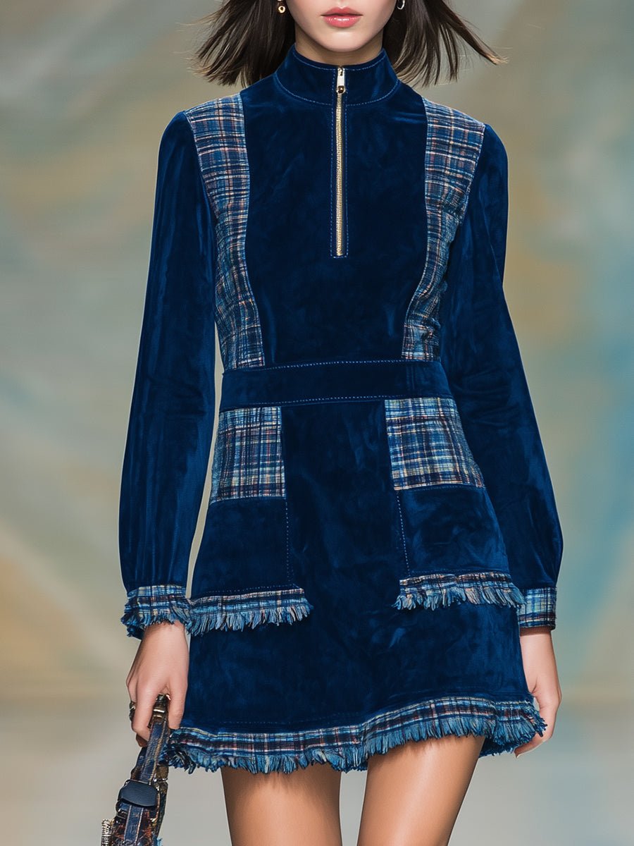 Fashionable Blue Faux Suede Patchwork Plaid Zip-up Round Neck Mini Dress