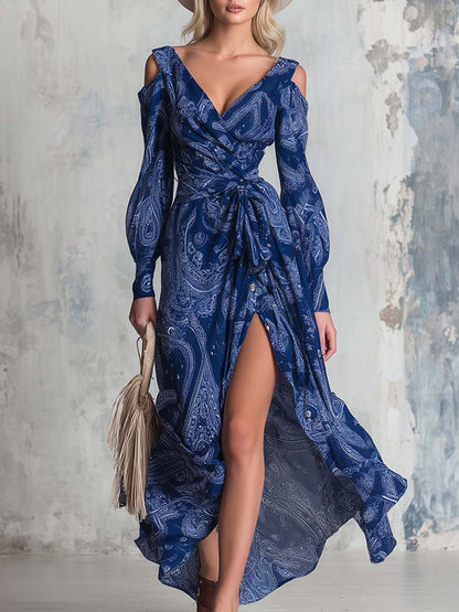 Elegant Bohemian Blue Paisley Print Chiffon Off-the-shoulder Long-sleeved Maxi Dress