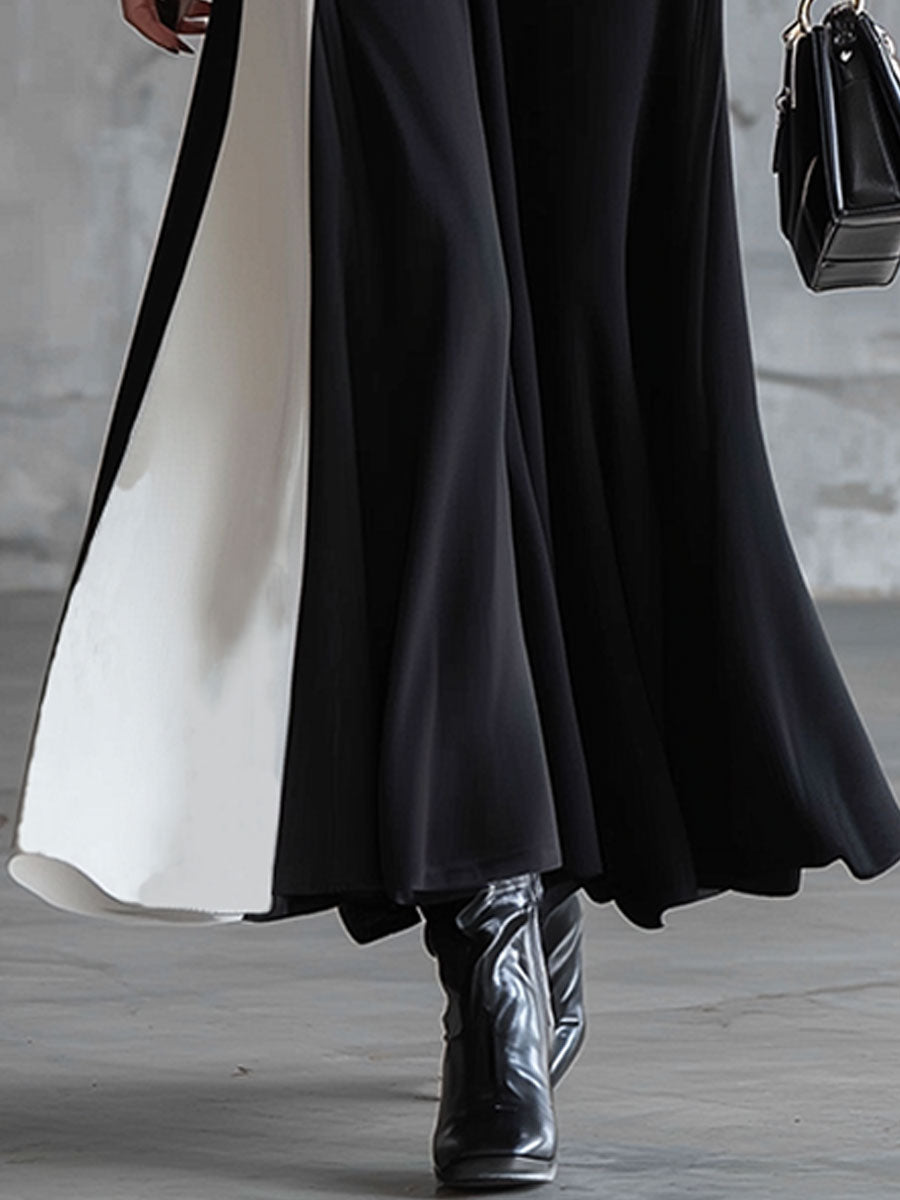 Fashionable Sporty Black And White Patchwork Hooded Half-zip Maxi Dress