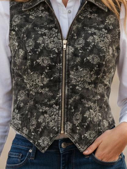 Retro-style Collared Zipper Denim Floral Vest