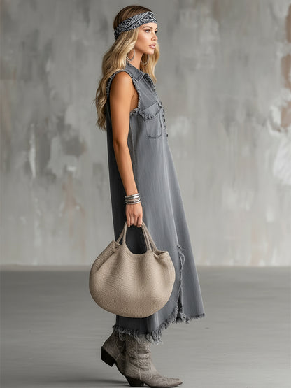 Stylish And Unique Dress With Frayed Irregular Hem Gray Denim Sleeveless Midi Dress