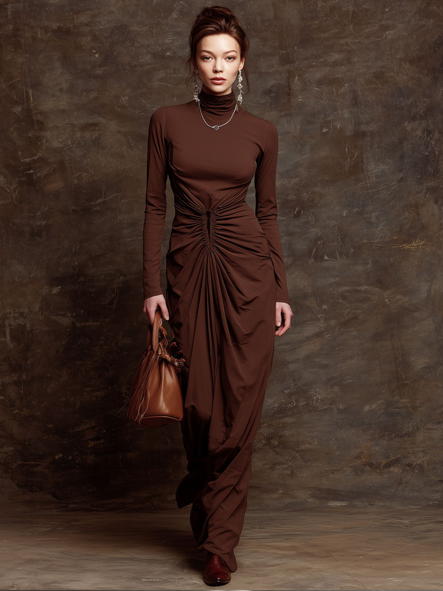 Fashionable Retro Chocolate Cotton Long-sleeved High-neck Pleated Maxi Dress