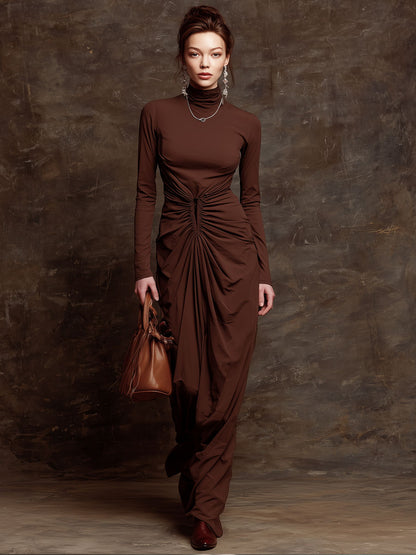 Fashionable Retro Chocolate Cotton Long-sleeved High-neck Pleated Maxi Dress