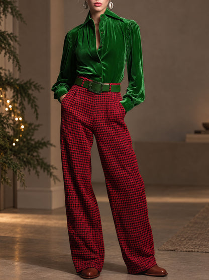 Retro Green Velvet Pleated Long-sleeved Shirt And Houndstooth Wide-leg Pants Set