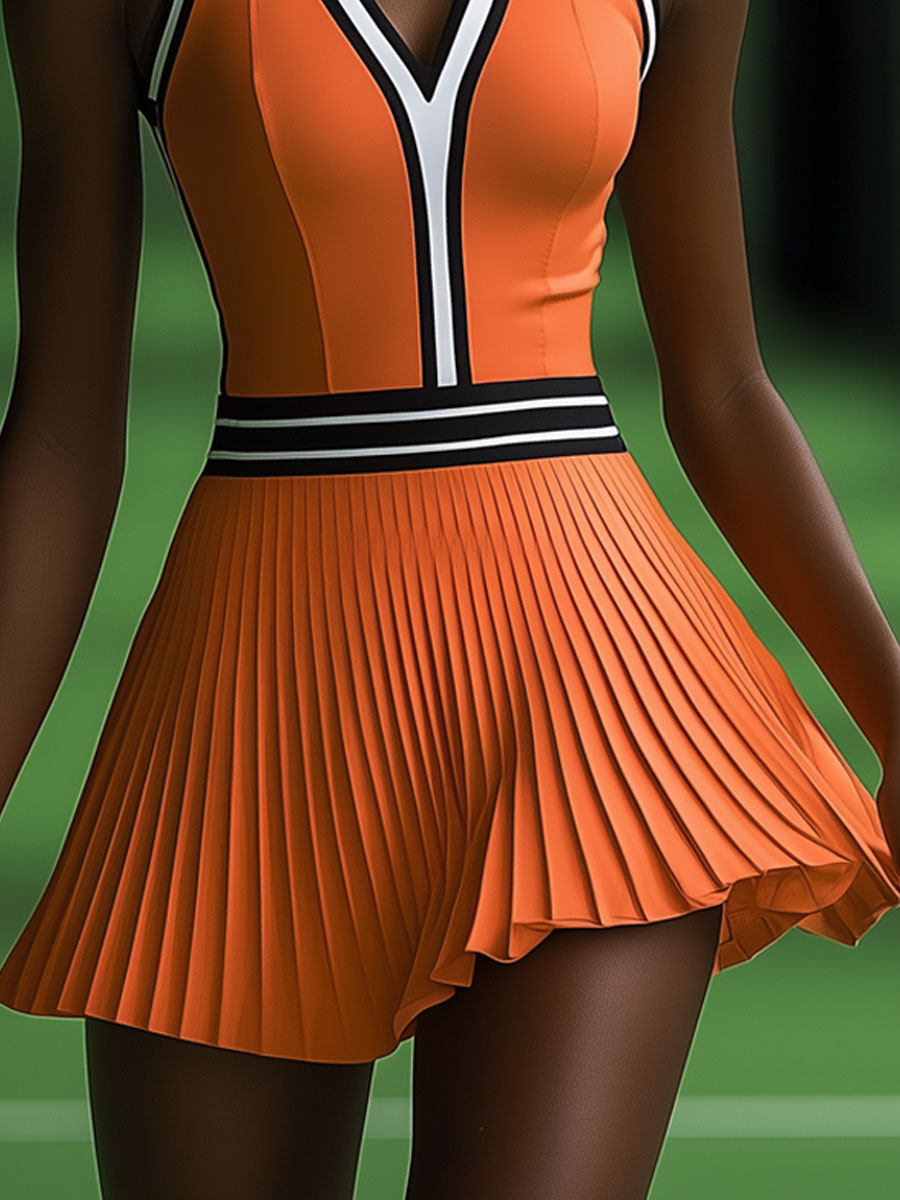 Fashionable Sports Black And White Trim Orange Sleeveless Pleated Mini Dress