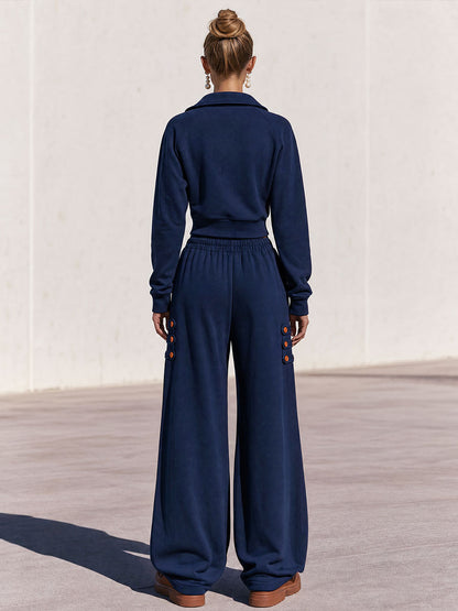 Fashionable Military-style Navy Blue Zip-up Hoodie And Button-loop Pants Set