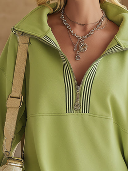 Trendy Sporty Fluorescent Green Striped Sweatshirt Mini Dress