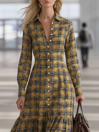 Casual And Stylish White Button-down Yellow And Black Plaid Maxi Dress