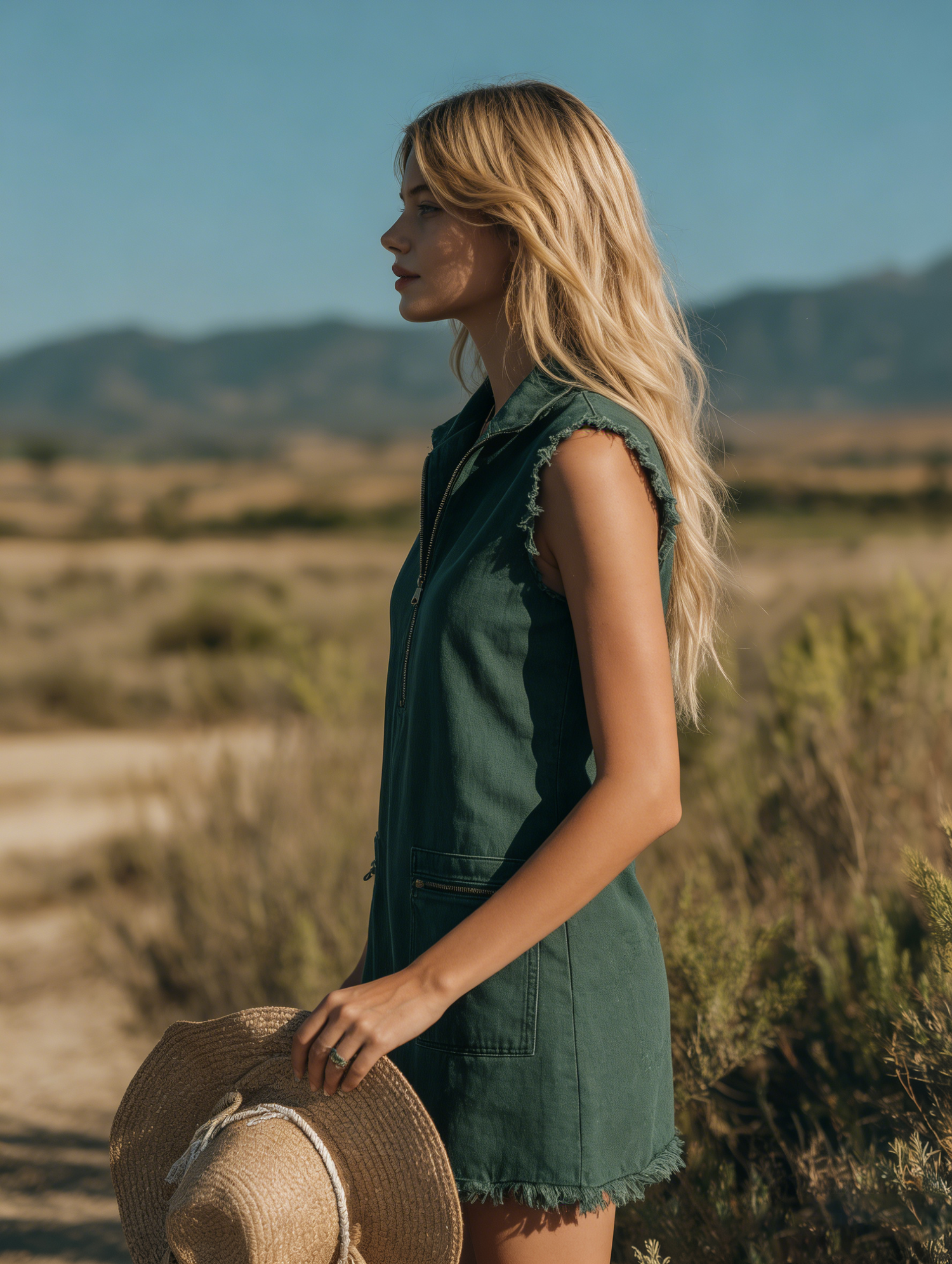 Fashionable Retro Collared Sleeveless Frayed Zipper Denim Mini Dress