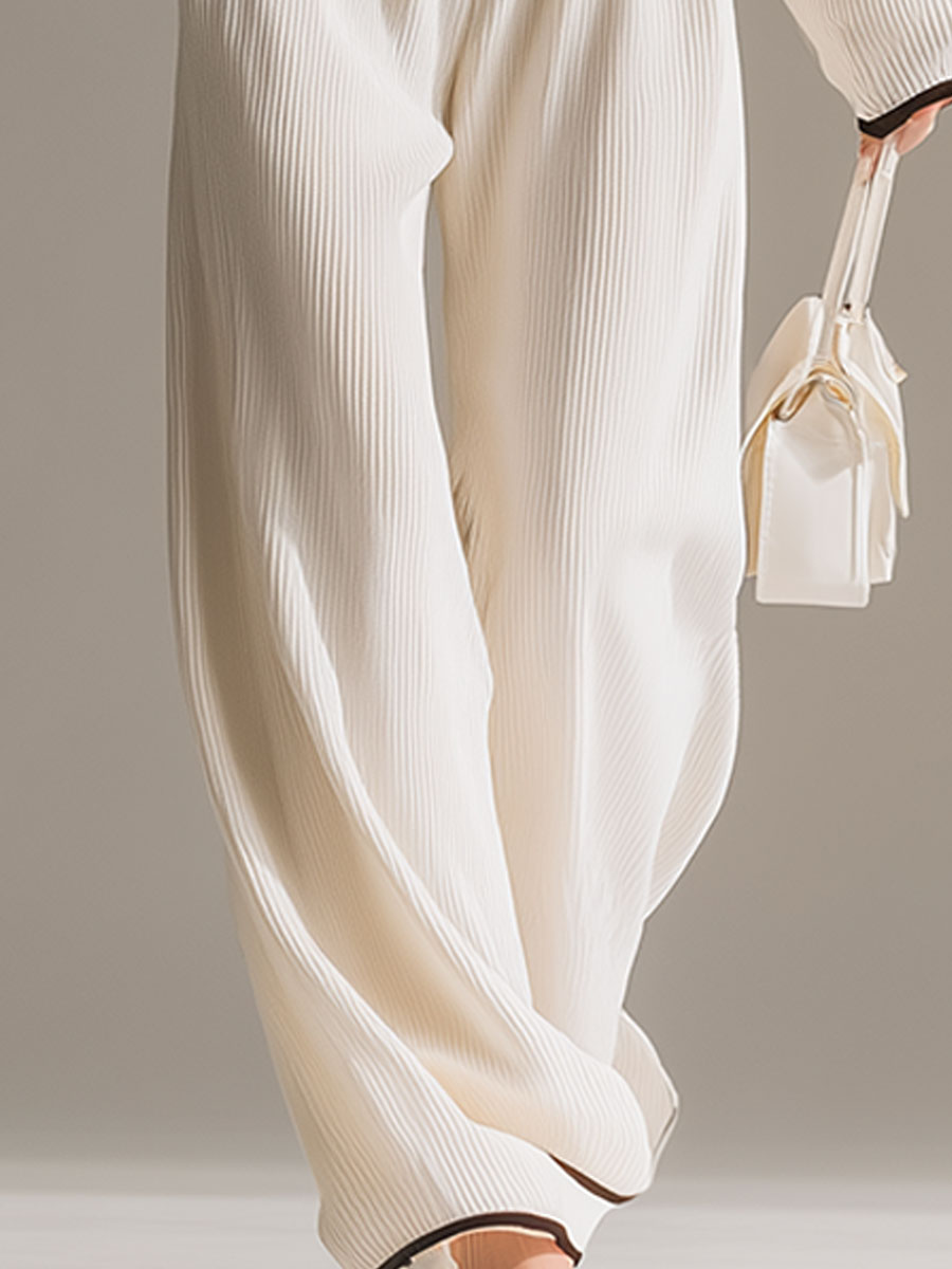 Elegant Color-blocked White Halter-neck Long-sleeved Knit Top And Pants Set