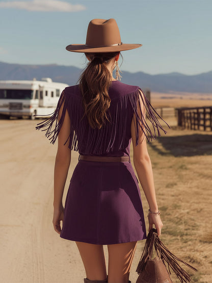 Western Retro Tassel Purple V-Neck Sleeveless Faux Suede Mini Dress