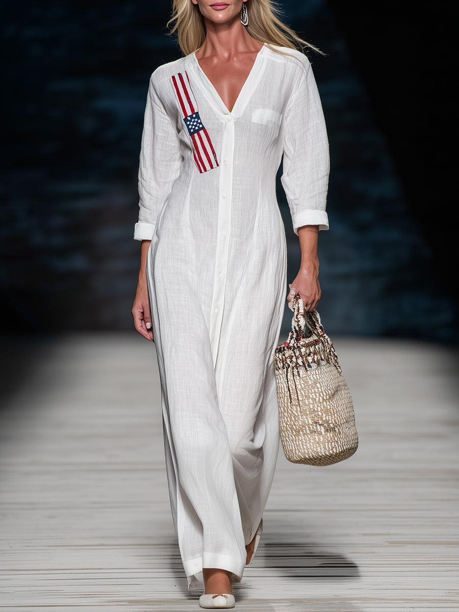 Stylish White Linen V-neck Maxi Dress With American-style Embroidery