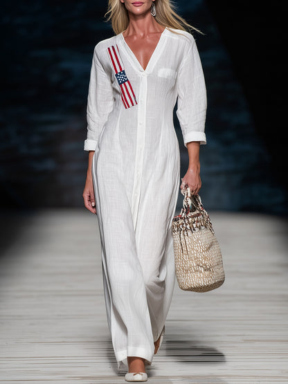Stylish White Linen V-neck Maxi Dress With American-style Embroidery