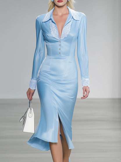 Elegant Blue Satin-trimmed White Lace Button-down Midi Dress