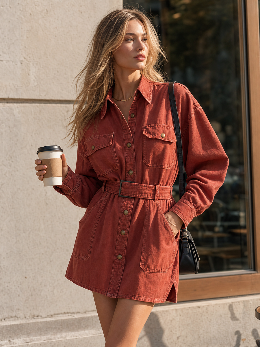 Retro American-style Lapel Button-front Lace-up Belted Workwear Denim Dress