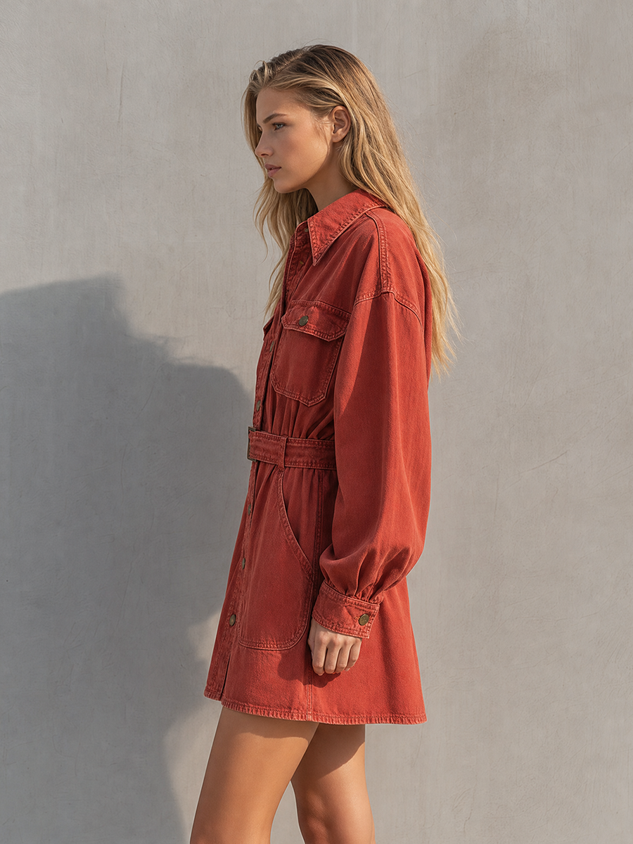 Retro American-style Lapel Button-front Lace-up Belted Workwear Denim Dress