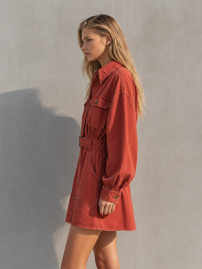 Retro American-style Lapel Button-front Lace-up Belted Workwear Denim Dress