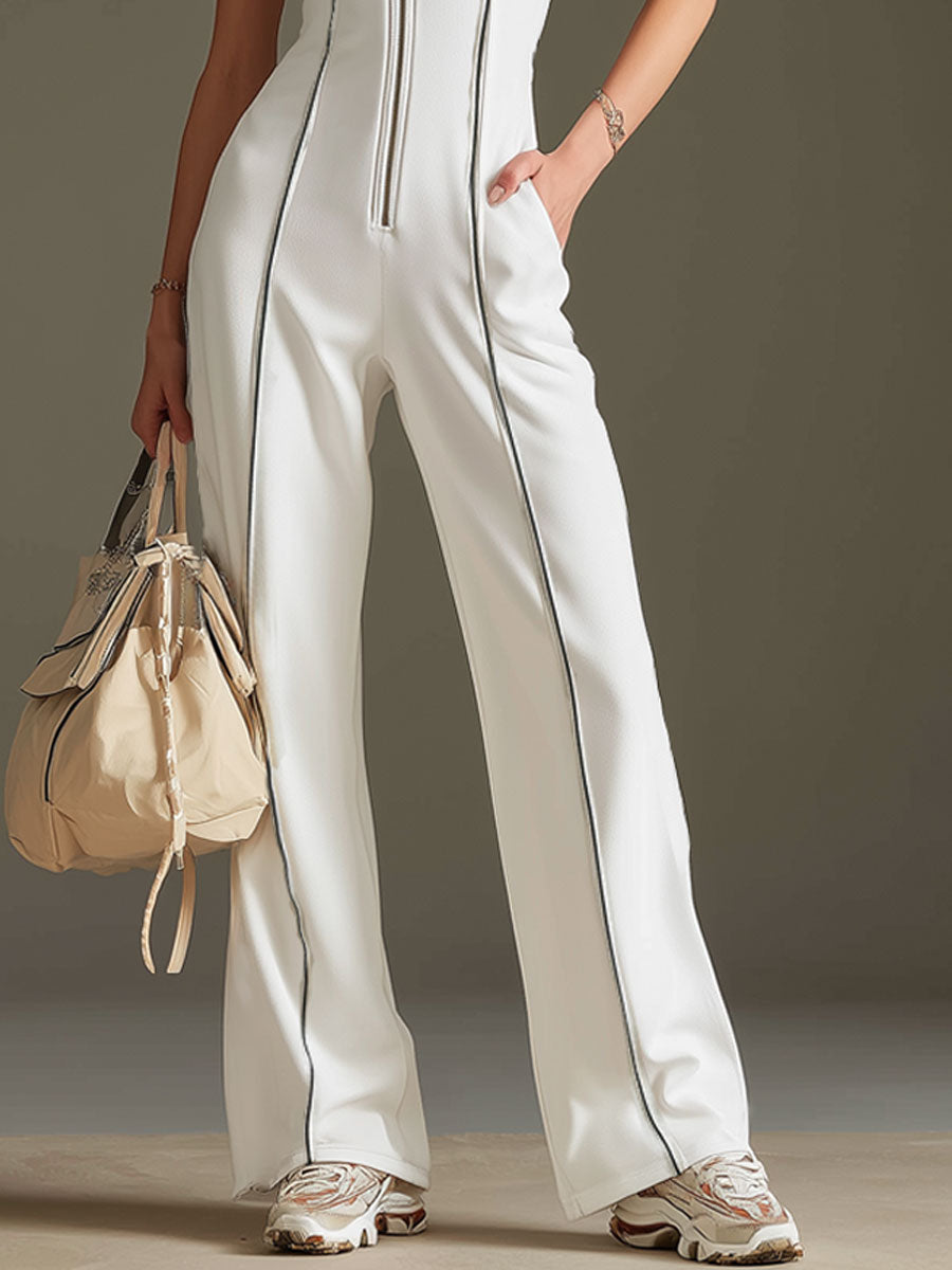 Sporty Retro Short-sleeved Openwork Ribbon White Cotton Blend Wide-leg Jumpsuit