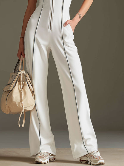 Sporty Retro Short-sleeved Openwork Ribbon White Cotton Blend Wide-leg Jumpsuit