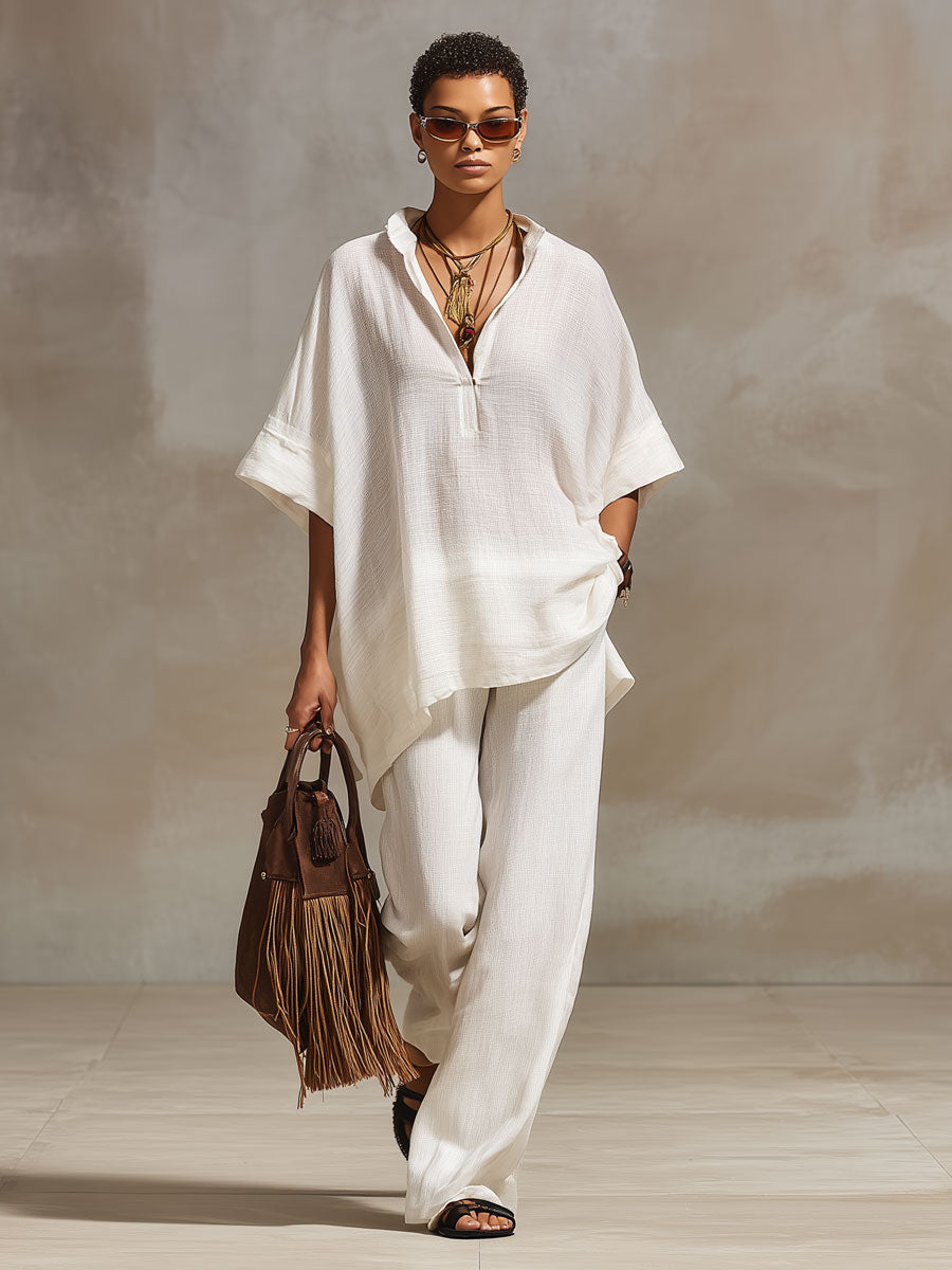 Casual Retro White Cotton And Linen Short-sleeved Top And Wide-leg Pants Set