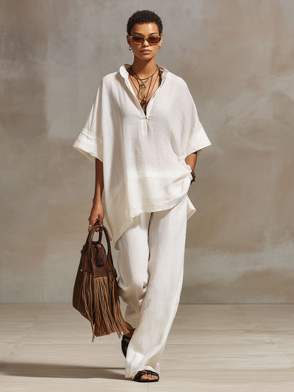 Casual Retro White Cotton And Linen Short-sleeved Top And Wide-leg Pants Set