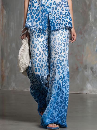 Gradient Blue Leopard Print Sleeveless Shirt And Trousers Chiffon Set