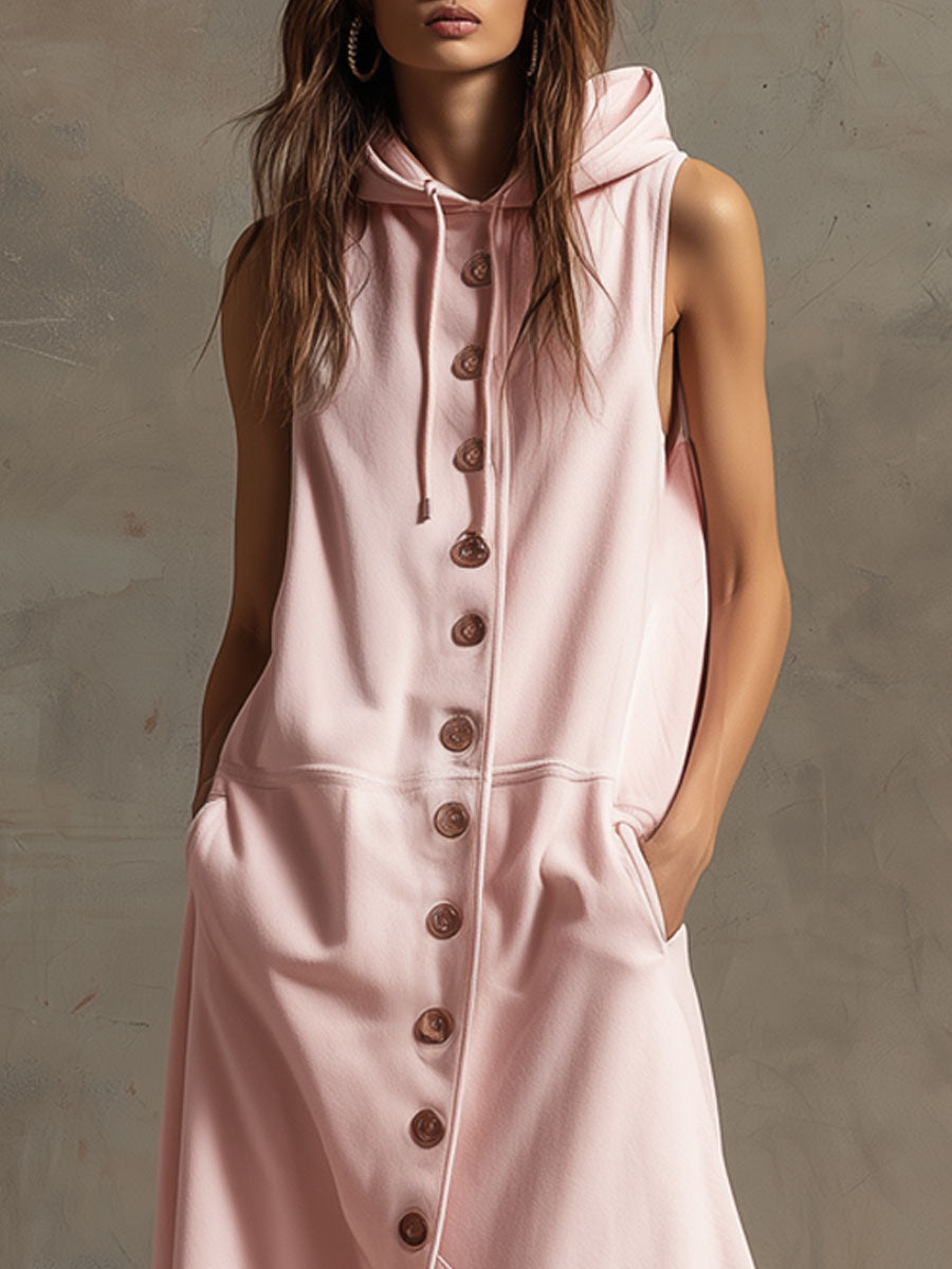 Sporty Retro Sleeveless Pink Hooded Cardigan Dress With Asymmetrical Midi Length