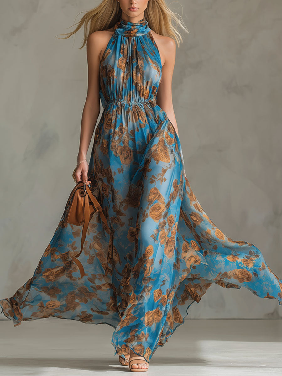 Floral Print High-neck Sleeveless Chiffon Maxi Dress